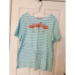 NWOT Quacker Factory women teal stripes embroidered flamingo top shirt LARGE